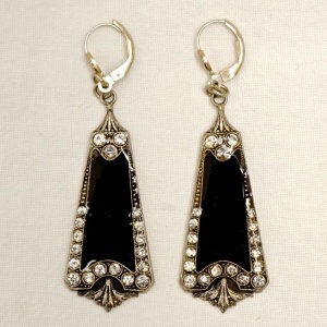 Pierre Bex Art Deco Style Black Enamel Rhinestone Earrings
